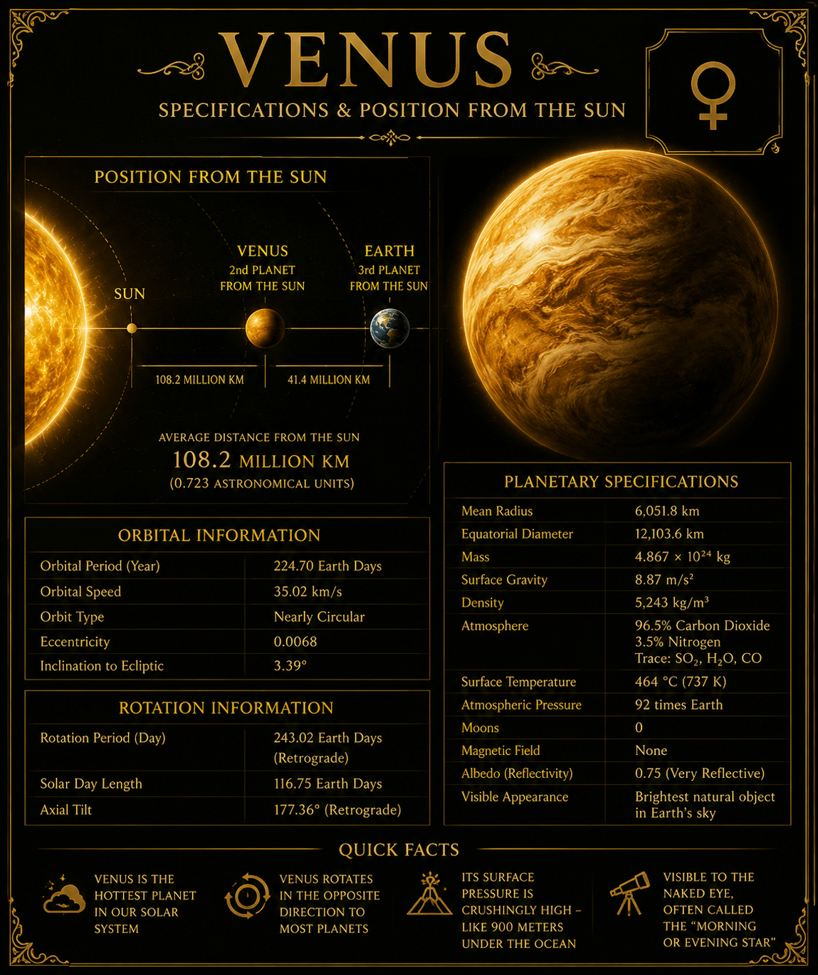 Venus — specifications and position from the Sun.