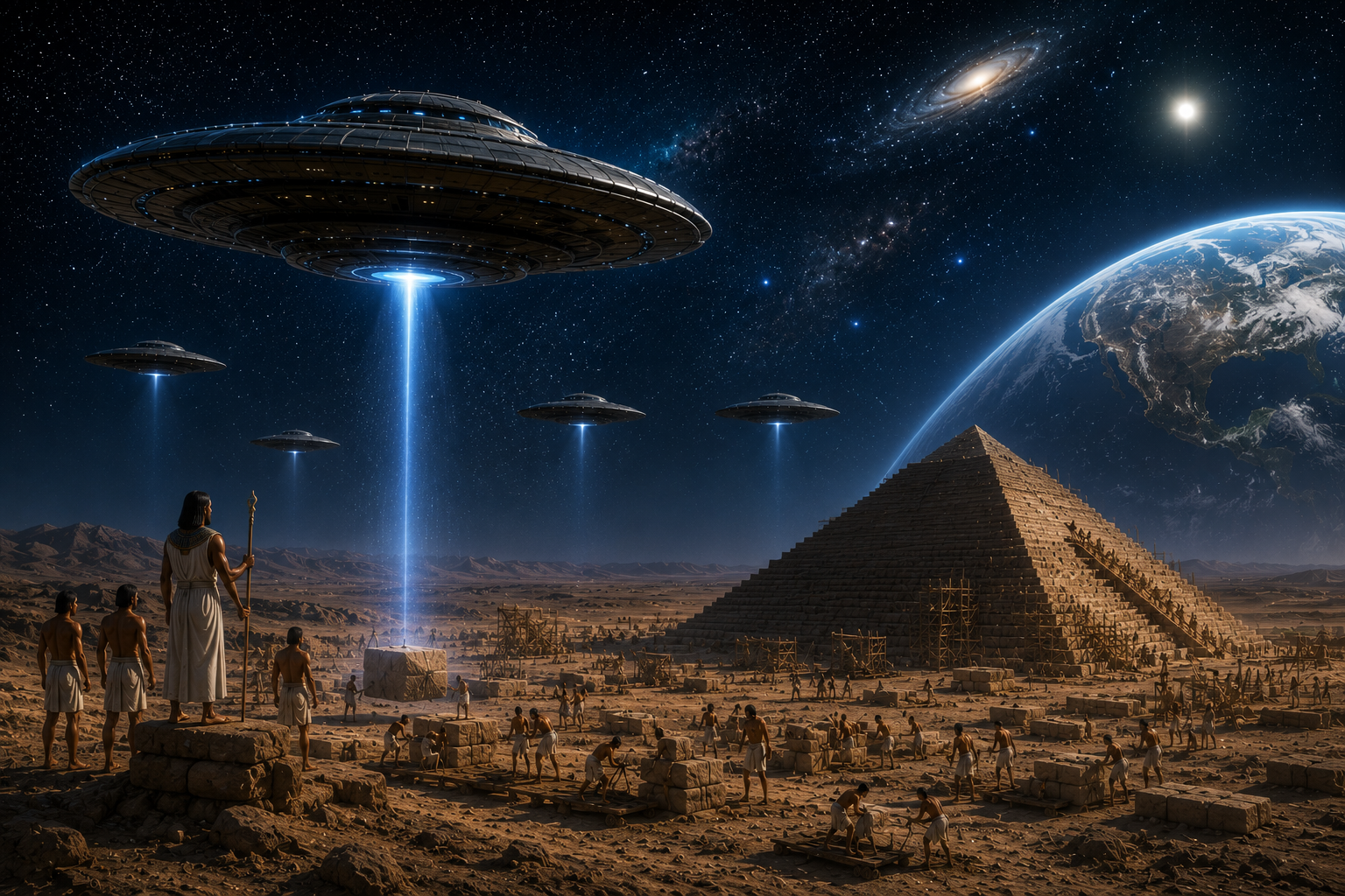 Concept illustration of spacecraft and builders at an ancient pyramid site