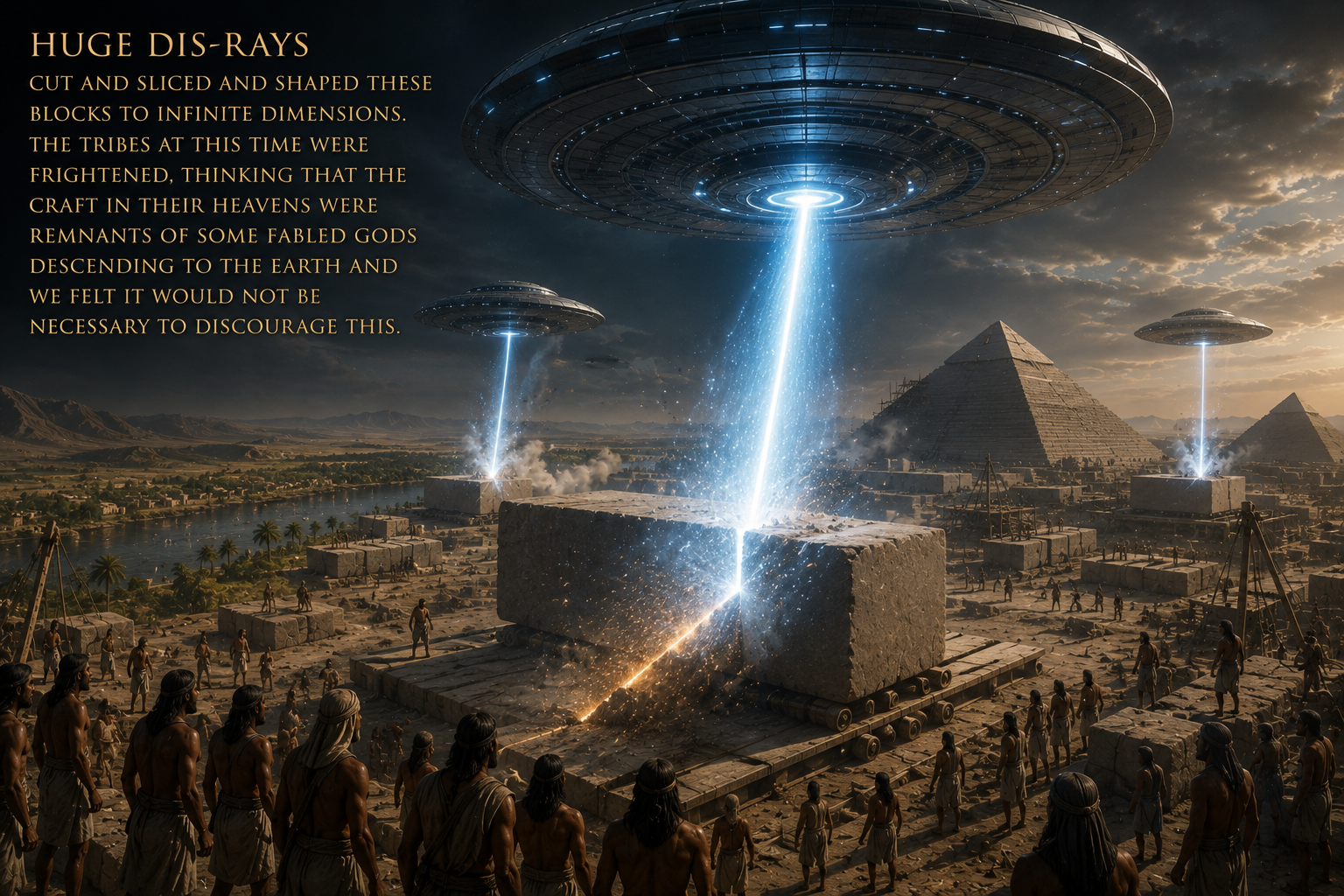 Concept illustration of advanced rays cutting stone blocks at a pyramid quarry