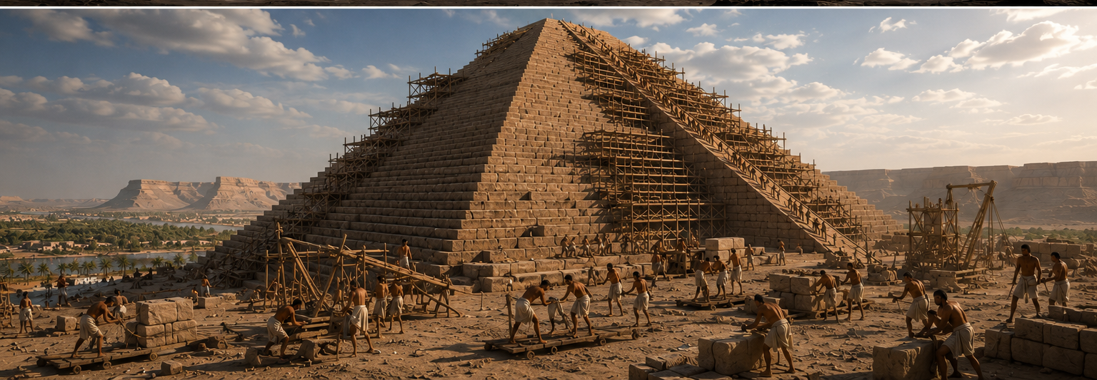 Ancient Egyptian pyramid construction scene