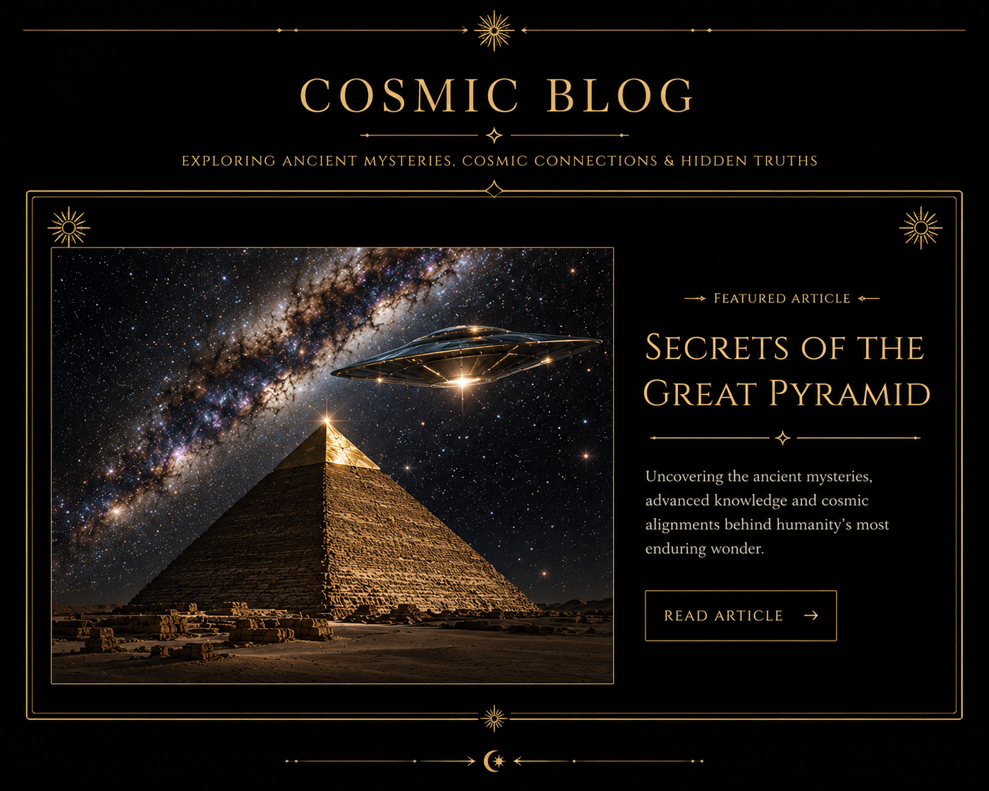 Great Pyramid beneath the Milky Way with a scout craft above it