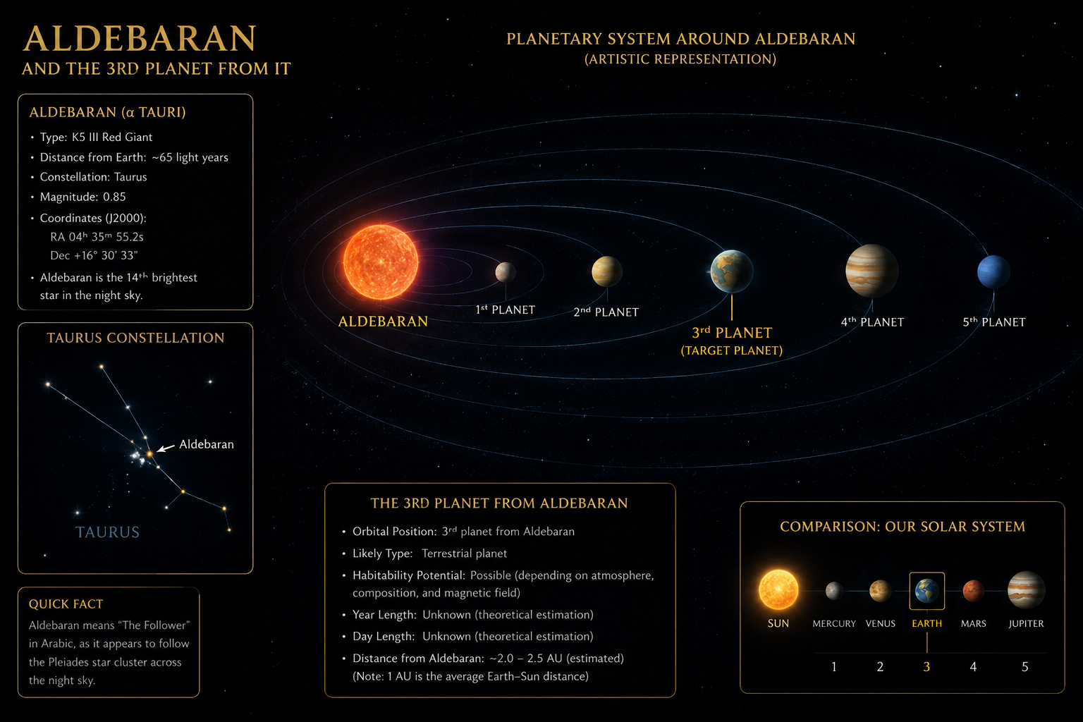 Artistic diagram of Aldebaran and a highlighted third planet in its planetary system