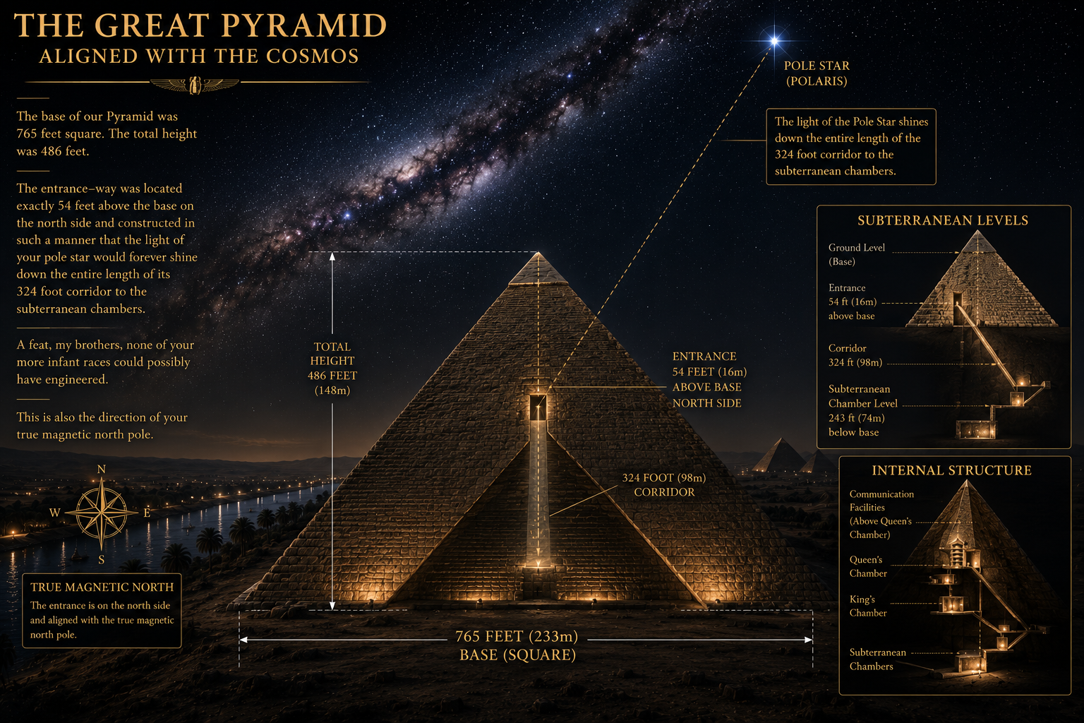 Great Pyramid infographic showing base, height, north entrance, Polaris alignment and subterranean chambers