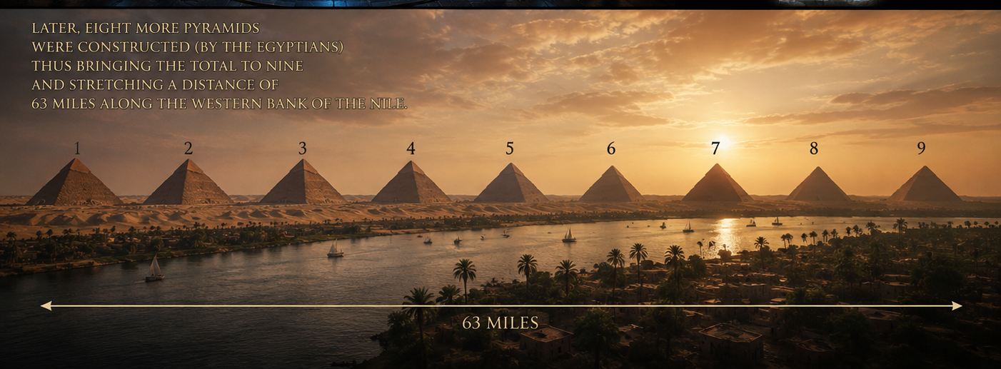 Concept panorama of nine pyramids along the Nile