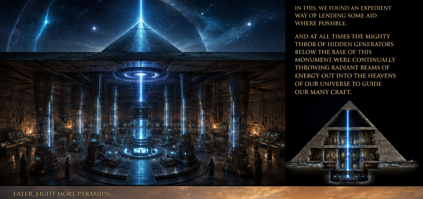 Concept illustration of generators beneath a pyramid projecting energy