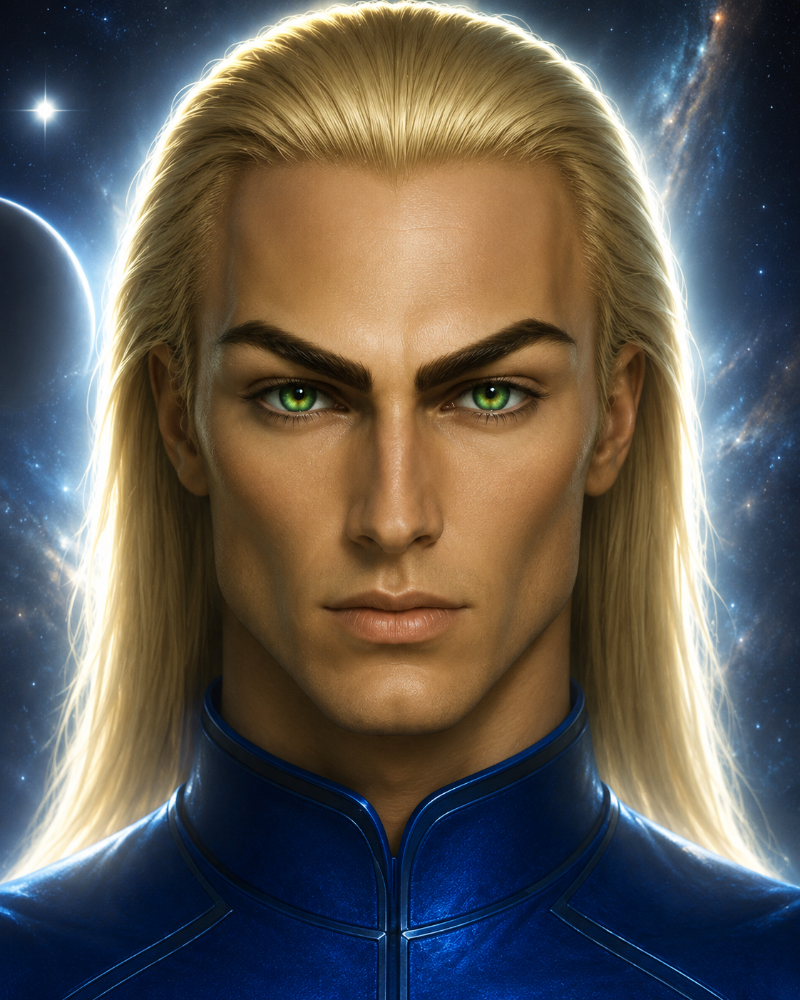 Blonde Aldebaran star man in a blue suit against a star-filled cosmic background
